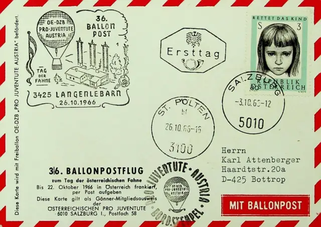 Österreich 1965 Flagge Tag Balloon Post Pro Juventute FDC W/3s Salzburg St.