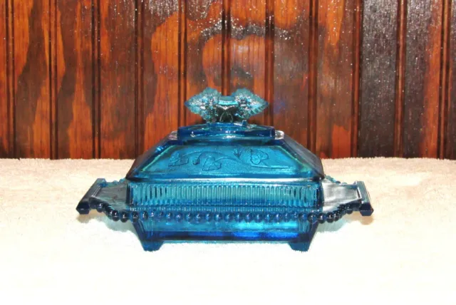 ANTIQUE EAPG CO-OPERATIVE FLINT GLASS IVY in SNOW BLUE BUTTER DISH c 1894