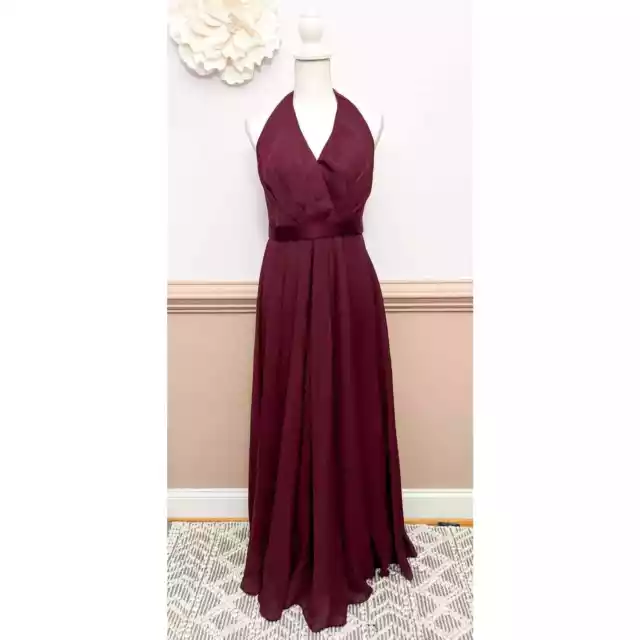 Vera Wang WHITE Belted Sleeveless Chiffon Gown in Wine