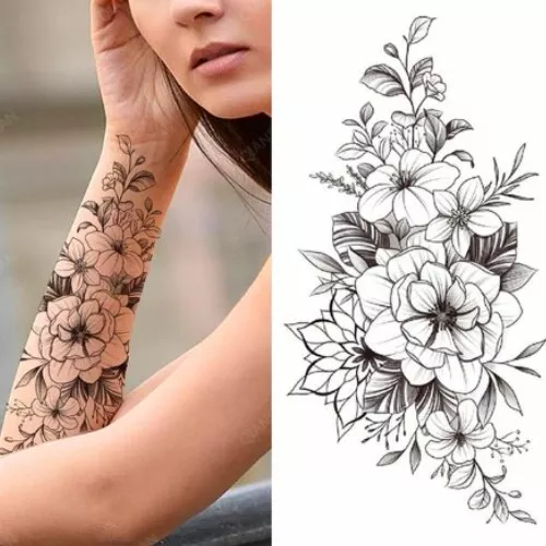 Tatouage Ephemère Tatoo Temporaire Bras Fleurs Autocollant Sleeve Femme Noir 