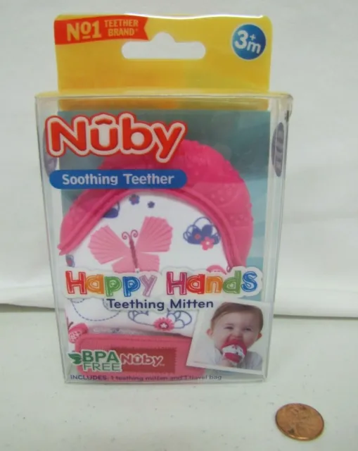 NEW Nuby PINK SOOTHING TEETHING MITTEN with Hygienic Travel Bag Happy Hands