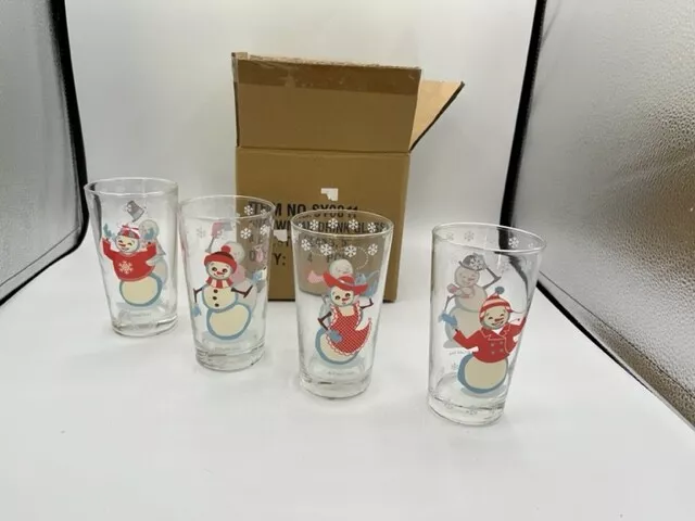 One Hundred 80 Degrees Set of 4 Snowman Glasses Signed "Caleb Gray" No Damage