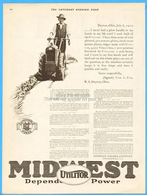 1920 Utilitor Garden Tractor Midwest Engine Co Indianapolis Carl Fies Dayton Ad
