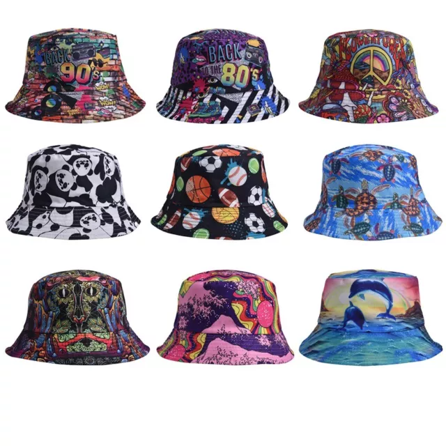 80S 90S BEACH Fishing Hat Double-side Print Cap Retro Bucket Hat Men ...