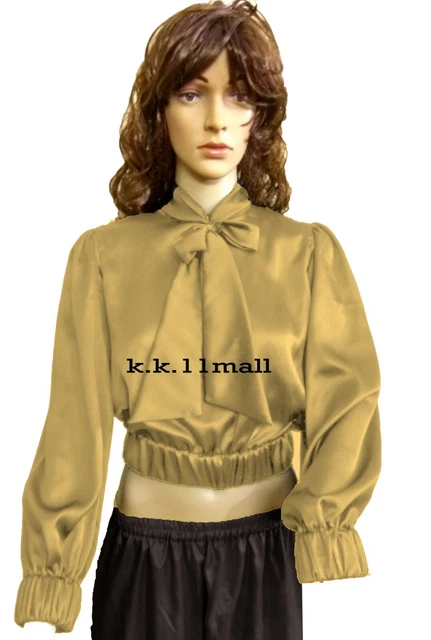 Fiocco Cravatta Camicetta Oro Chiaro Camicia Raso Camicia Vintagewear Alto Crepe
