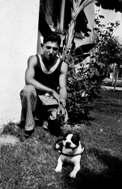 Vintage Old 1949 Photo Negative of A Hispanic Man & his Boston Terrier DOG Breed