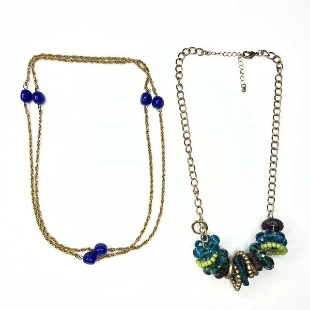 H3 Lot Gold Chains Bib Blue Green Glass Crystals Bubble Bead 70s retro necklaces