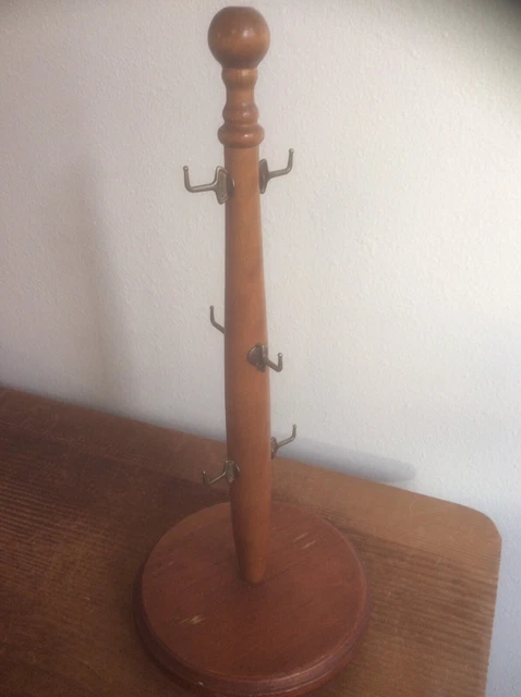 VINTAGE Wooden Coffee Cup Mug Tree Wood 6 Brass Hooks 17" Tall Jewelry Holder