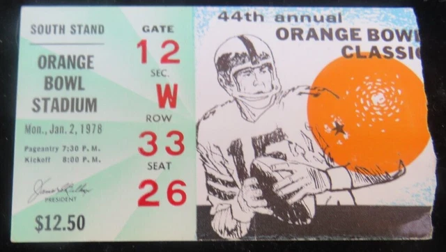 Jan. 2,1978 Orange Bowl Arkansas Vs. Oklahoma Sooners Stub Ticket