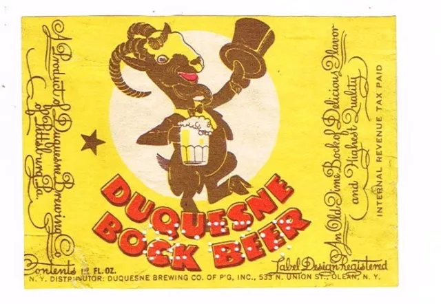 1940s IRTP Pittsburgh DUQUESNE BOCK BEER 12oz Label