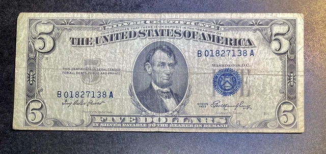 Circulated series 1953A $5 blue seal silver certificate.  Number B01