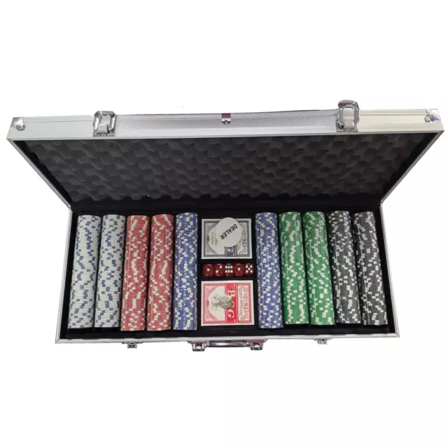 500 Piece Texas Hold Em Poker Set Carry Case Cards Deck Chips Dice Casino Game 3