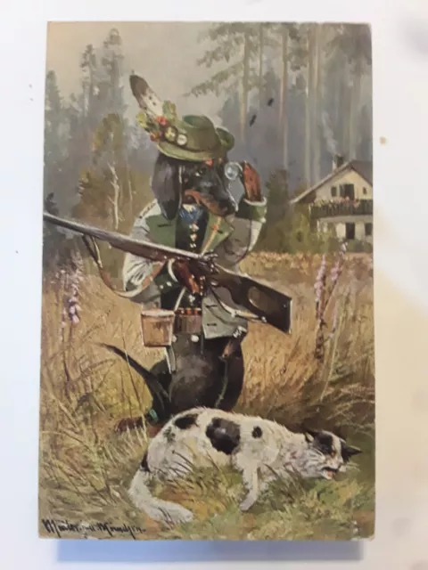 Cartolina Illustrata Originale 1912 Cane Bassotto Cacciatore