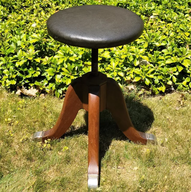 Vintage Hamilton Mfg Adjustable Height Elm Wood Iron Architect Piano Stool 24"
