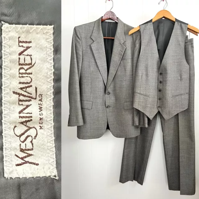 YSL Yves Saint Laurent France Vtg Gray 3 pc Suit Side Vents Vest Flat Front 38 R