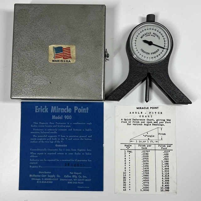 Vintage Erick Miracle Point Center Finder 900 Magnetic Base Protractor  w/ Case