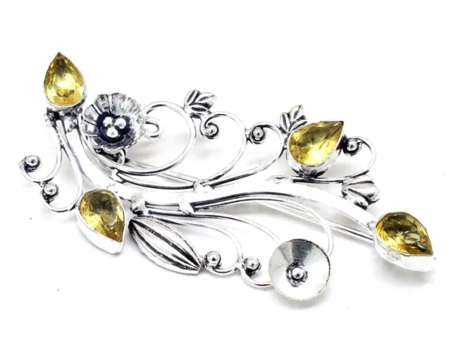 925 Sterling Silver Yellow Citrine Gemstone Handmade Jewelry Brooch Size-2.50''