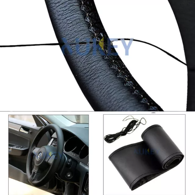 15" Black Genuine Leather Car Steering Wheel Glove Cover Wrap W / Needles Thread