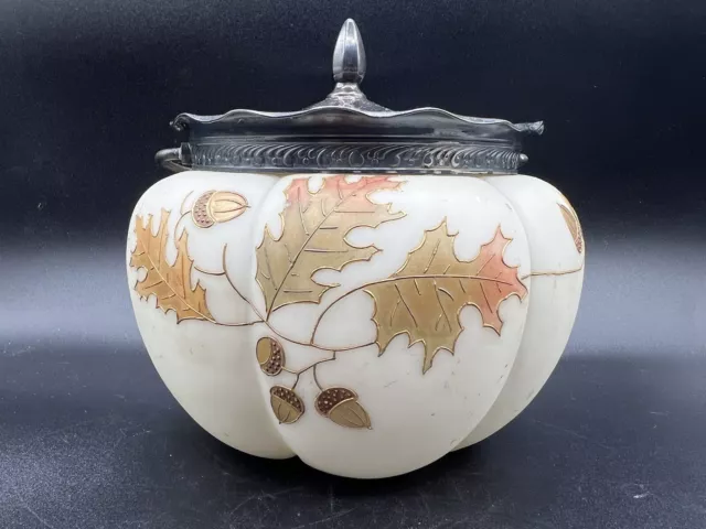 Mt. Washington-Crown Milano Melon Ribbed Biscuit/Cracker Jar-Oak Leaves & Acorn