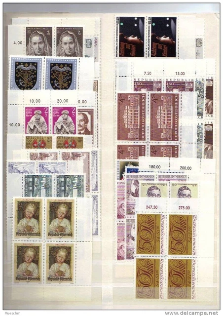 Österreich, Jahrg. 1971 in postfr. Eckrand-4er Blocks, MiNr.1353-1380