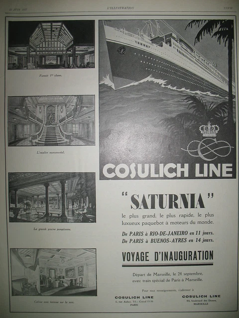 Publicite De Presse Cosulich Line Paquebot Saturnia Croisiere French Ad 1927