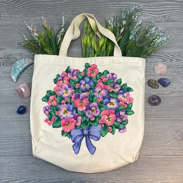 Bolso de Mano Vintage Pintado a Mano Pintado Hinchado Rosa Púrpura Floral Arco Algodón Lona