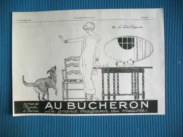 PUBLICITE DE PRESSE AU BUCHERON MAGASIN MOBILIER ILLUSTRATION RENé VINCENT 1925