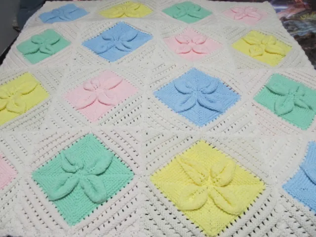 HAND KNIT/CROCHETED 3-D FLOWERS BABY Blanket/THROW  44 X 44 - 4 COLORS - LOVELY