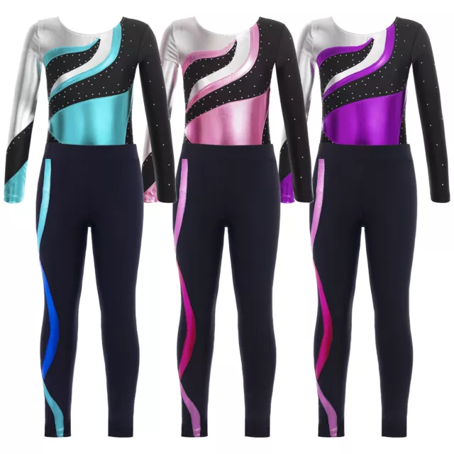 Kinder Mädchen Turnanzug Glitzer Gymnastik Leotard Ganzanaug mit Lang Leggings