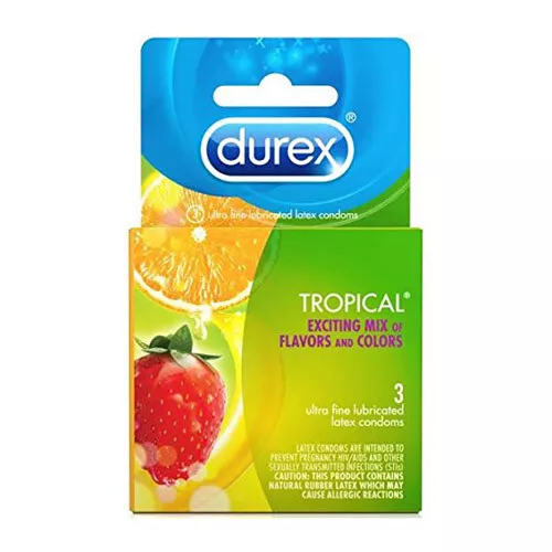 Durex Condoms Tropical Assorted Flavors and Colors Latex Lubricated 3 Per Box