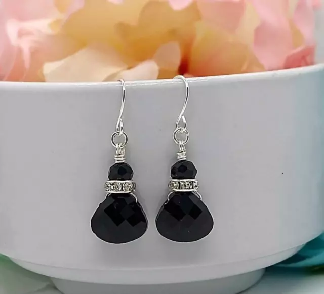 Faceted Black Onyx Crystal Teardrop Silver Dangle Earrings, Ladies Fashion