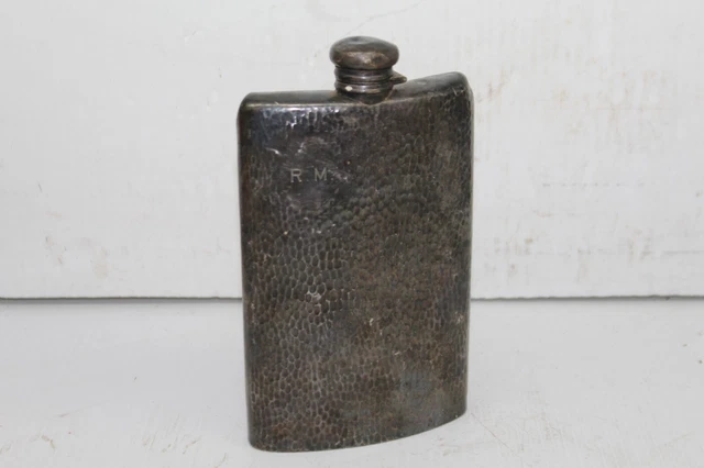 OLD Antique Meriden Silverplate Whiskey Flask Hammered w/ Monogram