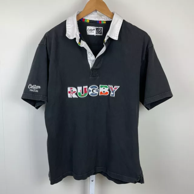 COTTON TRADERS BLACK Rugby Polo Shirt Embroidered Flag Logo Mens Large ...