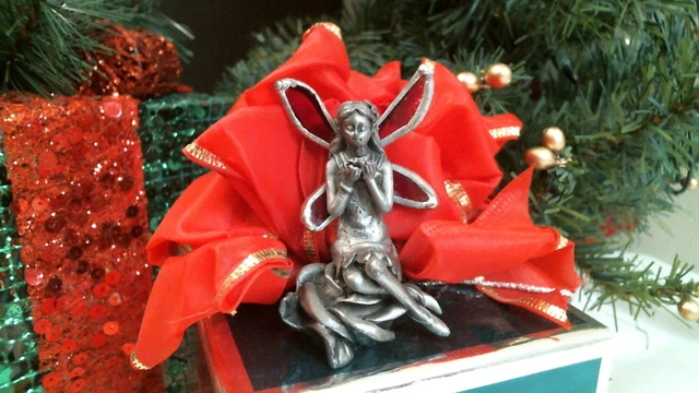 stained glass Cast FAIRY w RED WINGS sitting on a rose bud  OOAK