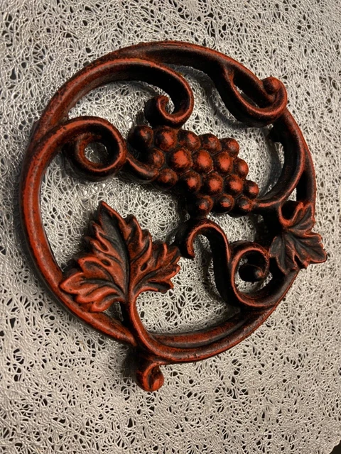 Vintage Tuscan Style Heavy Duty Trivet Cast Iron Grape Design Footed 6 3/4”