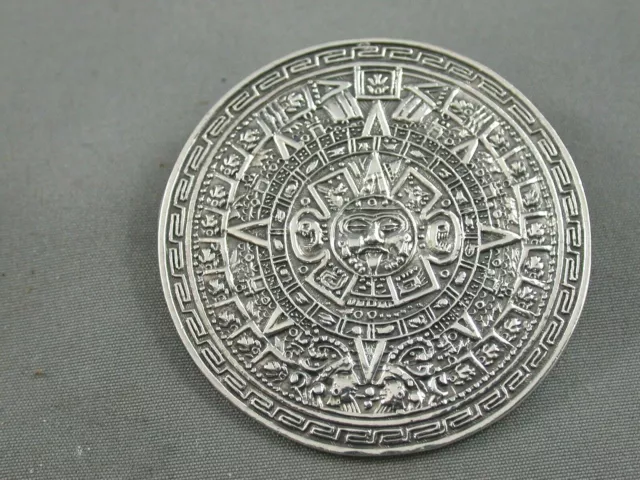 Incredible Detail Silver Mexican Sun Dial Brooch Pendant Unsigned Gomez?