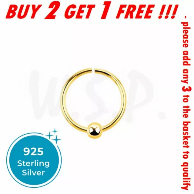 925 Sterling Silver Small Nose Rings Thin 8mm 10mm Gold Fake Real Hoop with Ball