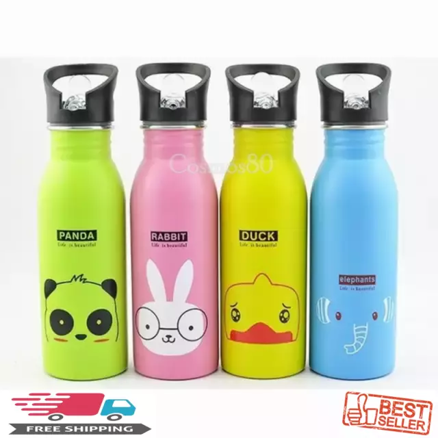 500ml Children Kids Stainless Steel Water Bottle Sports Straw Drink Cup Cartoon