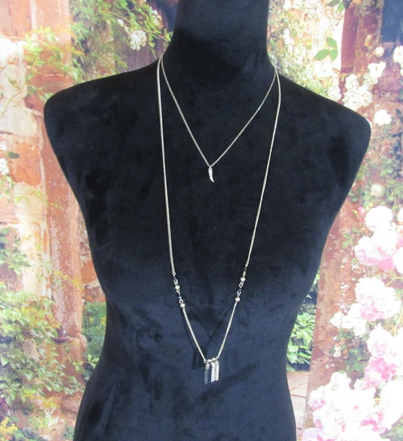 Double Gold Chain Necklace 1 with a Metal Feather 1 with 3 Small Tassels 18"