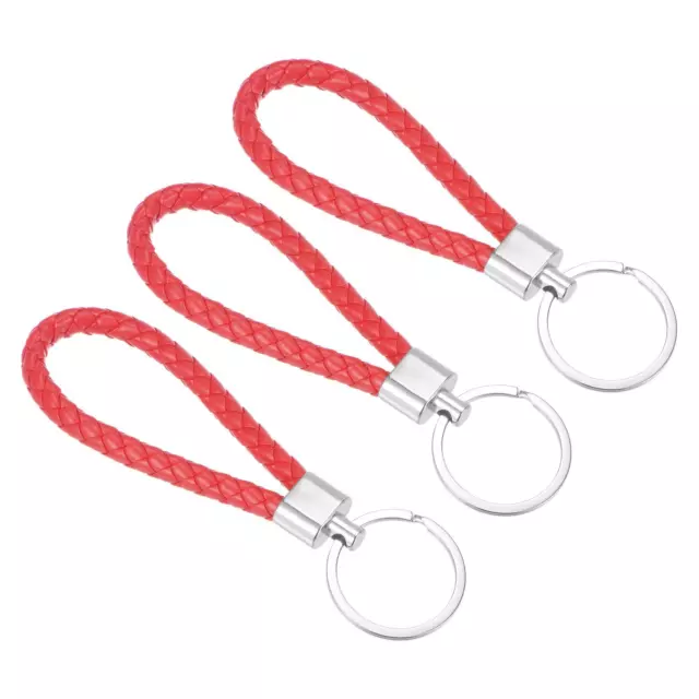 3Pcs Braided Leather Keychain PU Key Ring Woven Ornament Lanyard Strap, Red