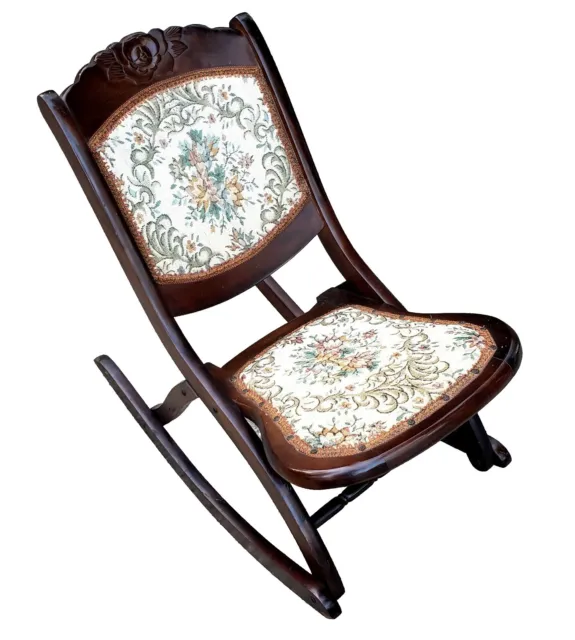 Vintage Folding Wooden Rocking Chair Carved  Floral Tapestry Design. 15"× 34" Hi