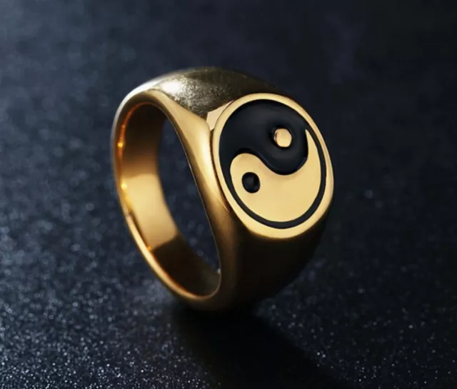 Men/ Women Tai Chi Protect Yin Yang Titanium Stainless Steel Gold Ring Size 8-12