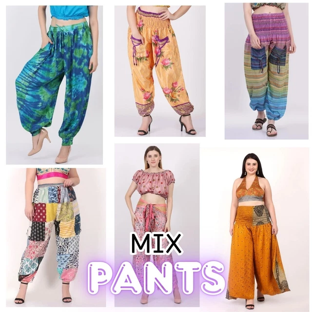 Lot De 5 Pantalons Palazzo Bohème En Soie De Sari Recyclé – Patchwork Multicolore Taille Ajustable