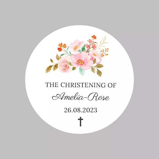 Personalised Round Christening / Baptism Stickers Labels Pink Flowers 37mm