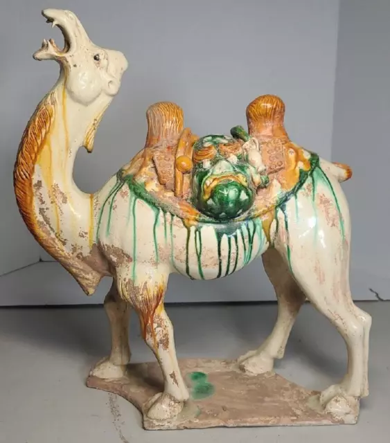 Antique Chinese Tang Ceramic Sancai Glazed Large Bactrian Camel Statue Mingqi