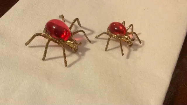 pair of Vtg.cabochon lucite spider / bug pin water melon pink Jelly  Belly ?