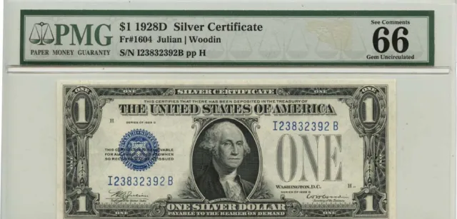 1928D $1 Silver Certificate Blue Seal Fr# 1604 PMG Gem66 EPQ