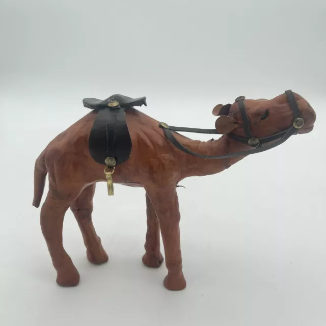 Vintage Leather Wrapped Camel Dromedary Figurine Statue With Saddle Nativity 7”