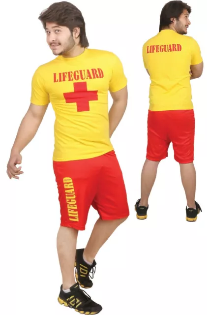 Boys Lifeguard Costume Hen Stag Fancy Dress party Mens Yellow Shirt Red Shorts