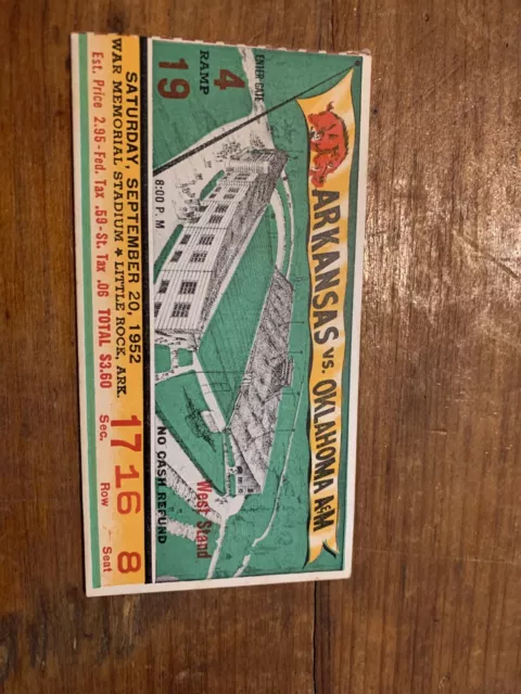 Arkansas Razorback 1952 college football ORIGINAL ticket vs Oklahoma A & M
